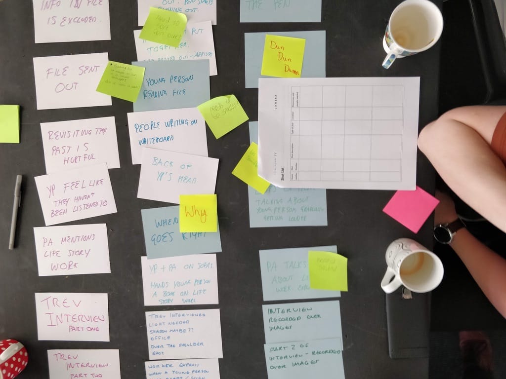 A table filled with post-it notes and index cards that describe the audio, video, and story elements of the film.