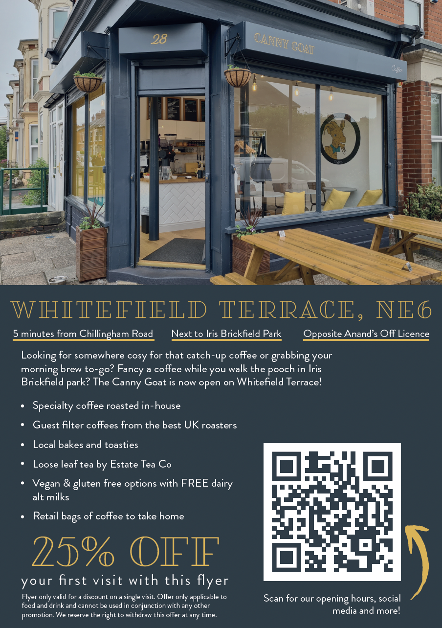 A flyer showing the cafe, and some details of what is on offer, alongside a coupon.